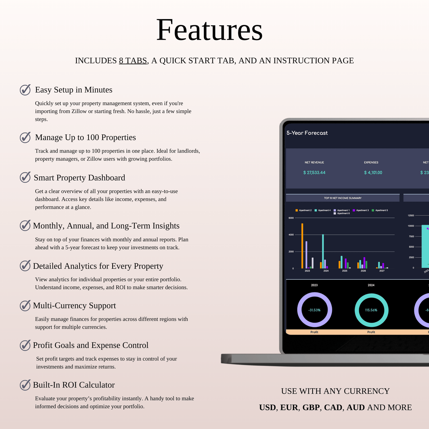 Zillow Bookkeeping Tracker | Excel & Google Sheets Template (Dark Theme) Keyzai