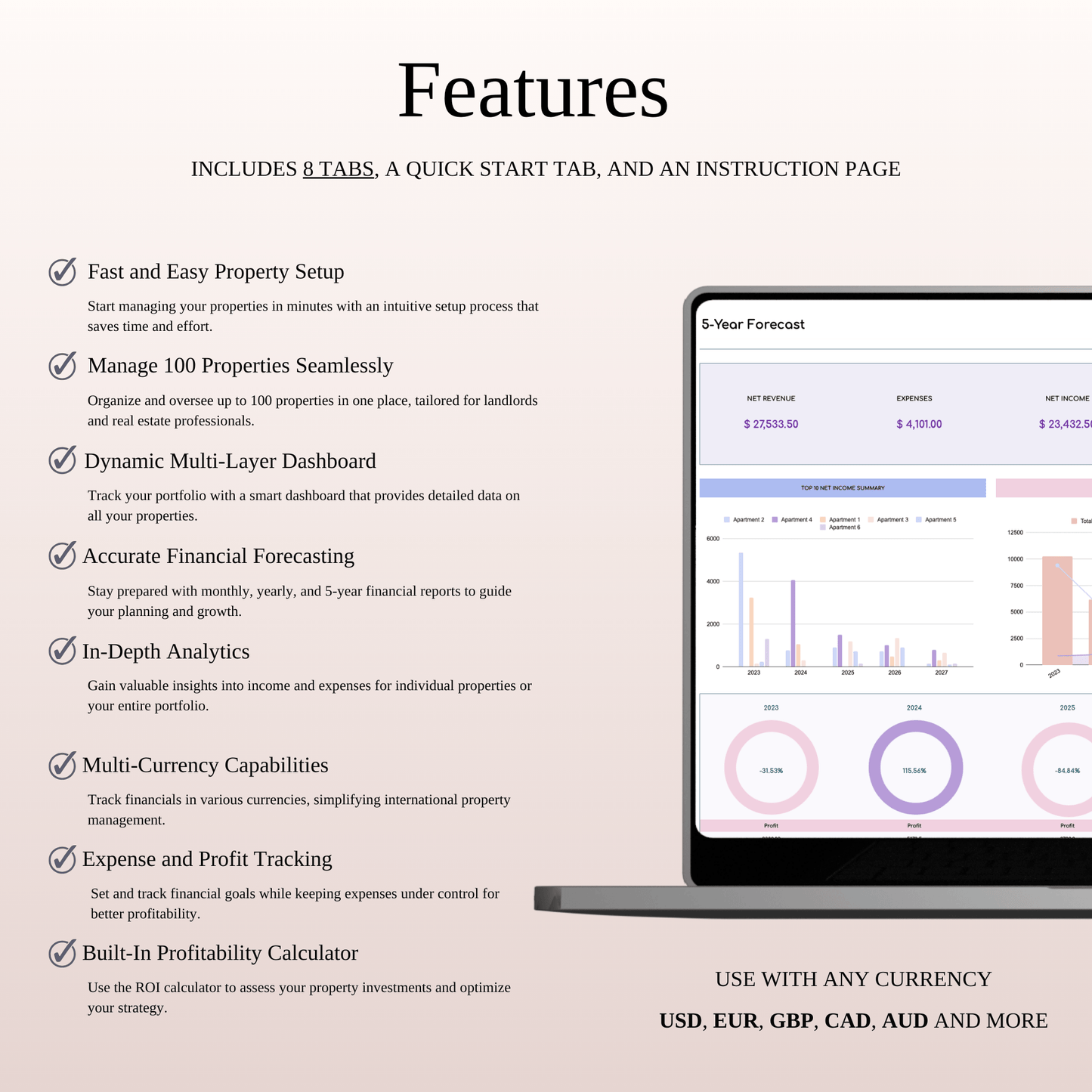 Rental Property Management Spreadsheet (Rainbow Theme) Keyzai