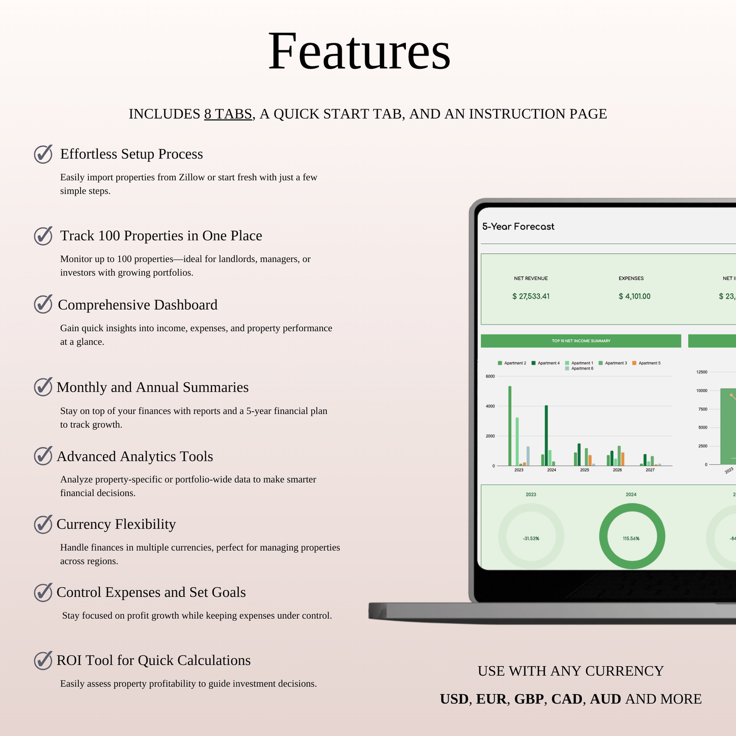 Zillow Property Management | Income & Expense Tracker (Green Theme) Keyzai