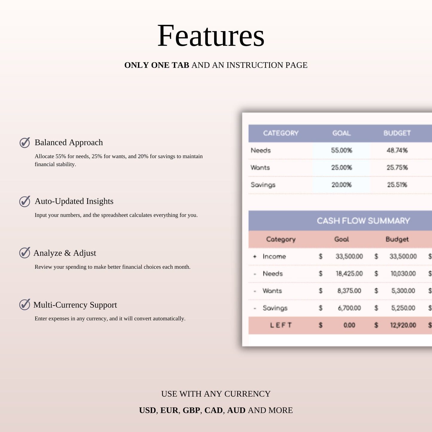 55/25/20 Budget Spreadsheet Template | Excel & Google Sheets Keyzai