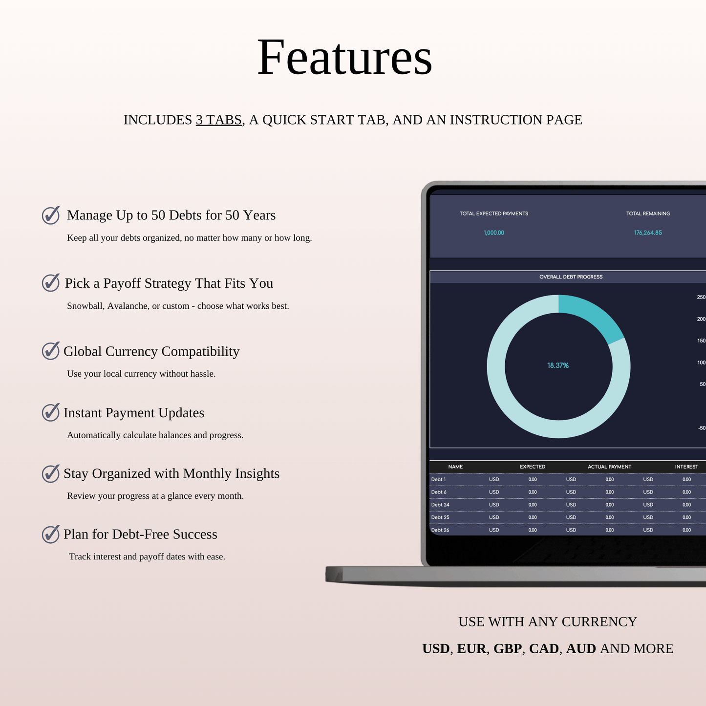 Debt Payoff Tracker | Excel & Google Sheets (Dark Theme) Keyzai