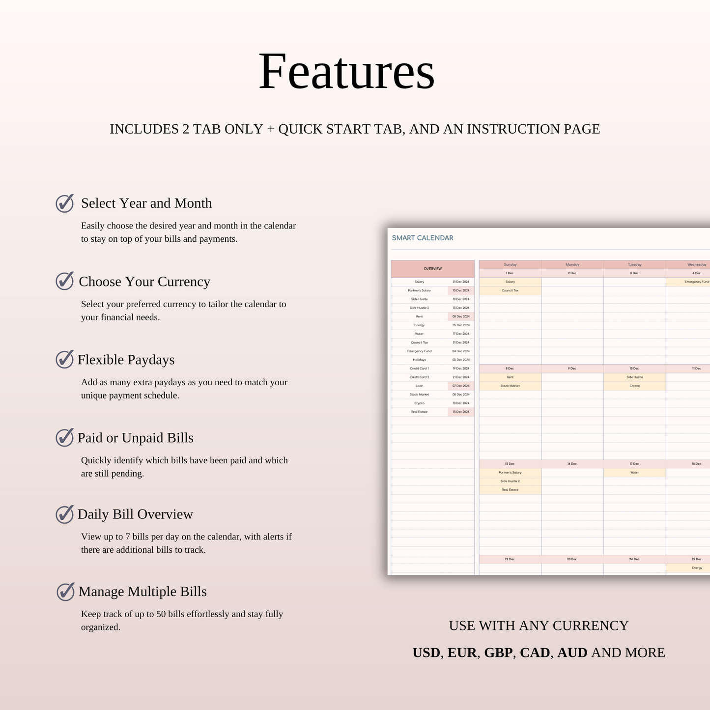 Bill Calendar Tracker Template for Excel & Google Sheets Keyzai