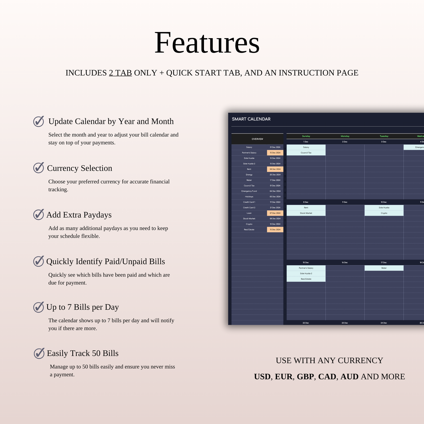 Bill Payment Calendar Template Excel & Google Sheets (Dark Theme) Keyzai