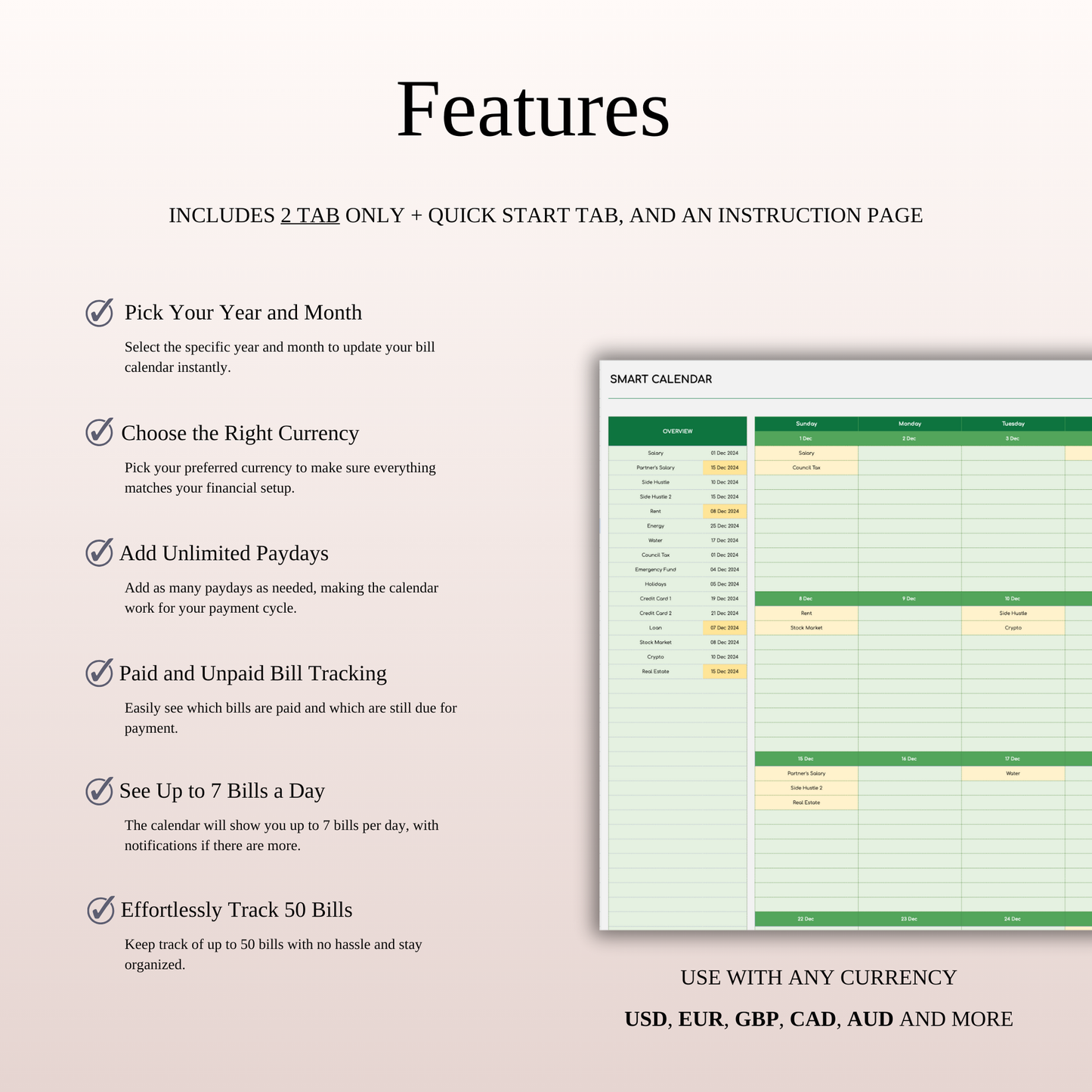 Monthly Bill Calendar Spreadsheet Template (Green Theme) Keyzai