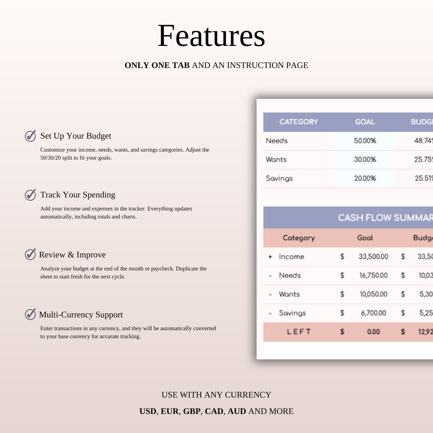 50/30/20 Budget Spreadsheet Template | Excel & Google Sheets Keyzai