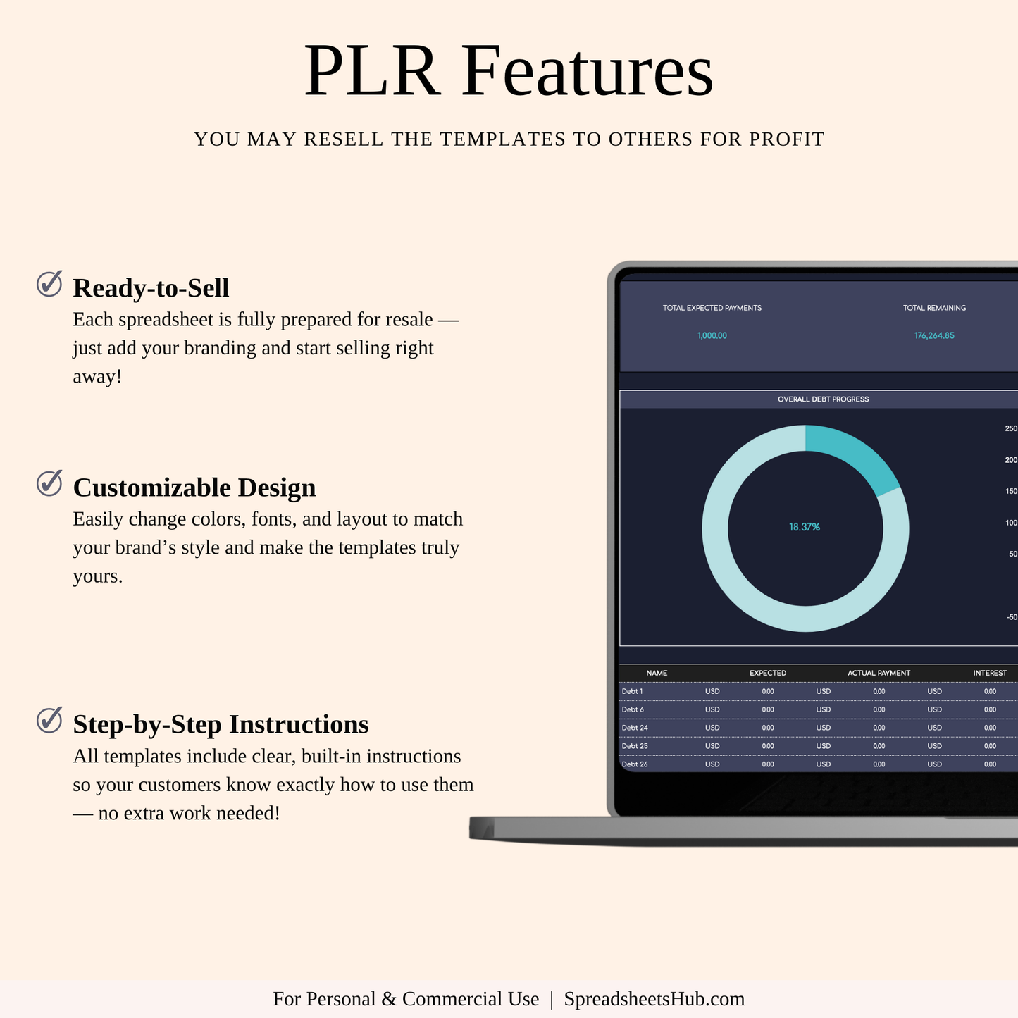 PLR - Debt Payoff Tracker | Excel & Google Sheets (Dark Theme) Keyzai