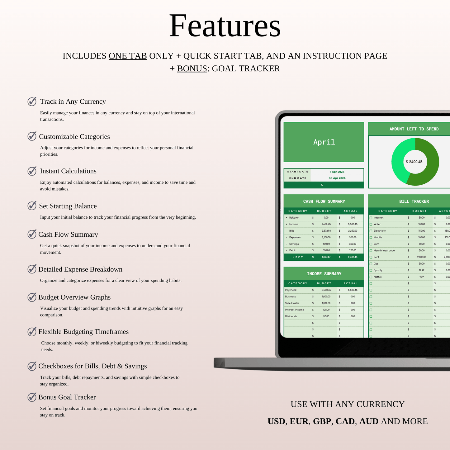 Simple Budget Planner, Personal Finance Tracker (Green Theme) Keyzai
