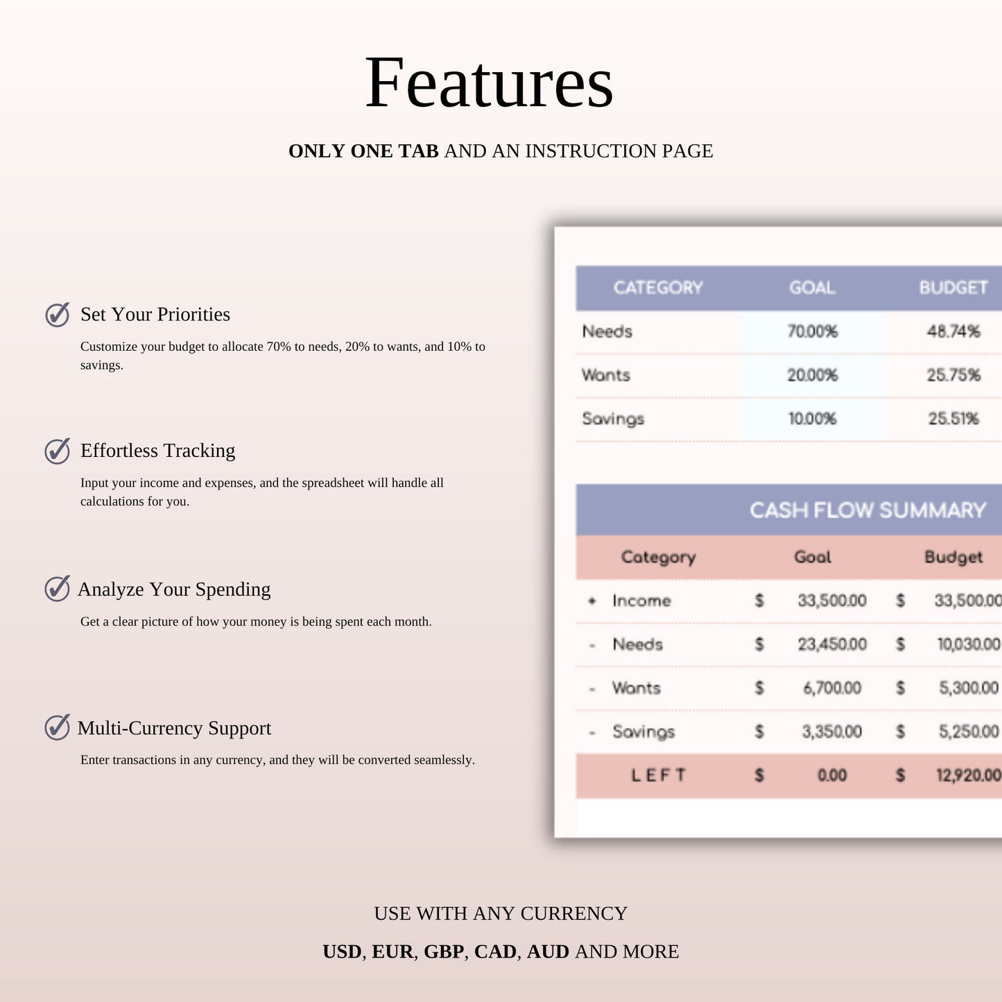 70/20/10 Budget Spreadsheet Template | Excel & Google Sheets Keyzai