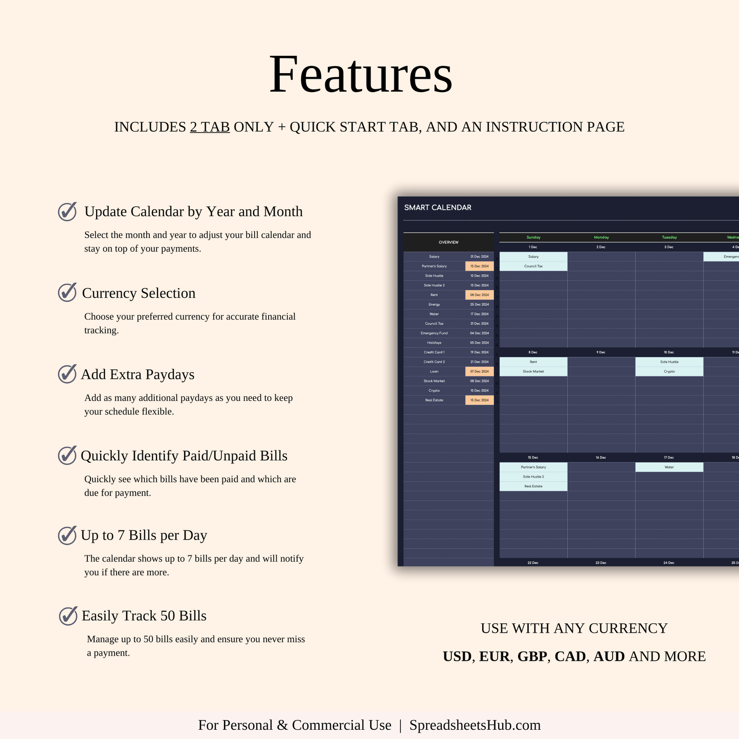 PLR - Bill Payment Calendar Template (Dark Theme) Keyzai