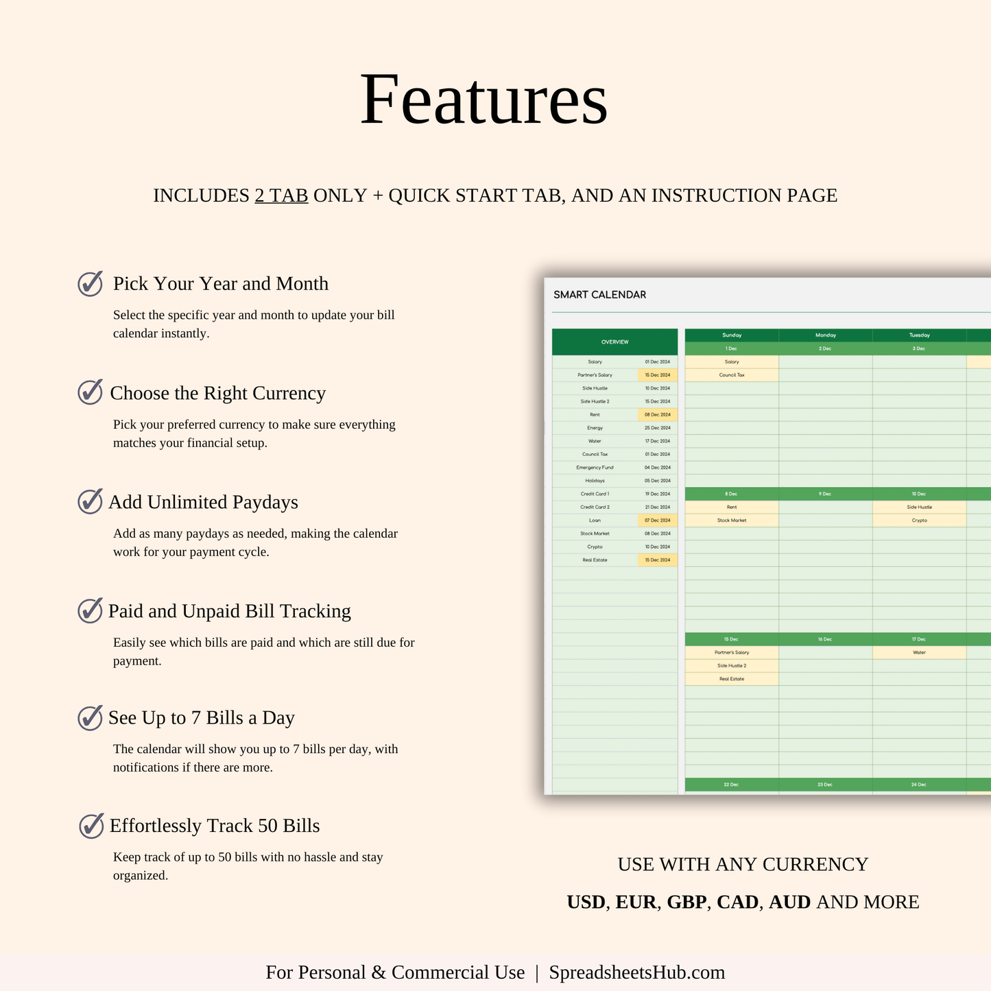 PLR - Monthly Bill Calendar Spreadsheet Template (Green Theme) Keyzai