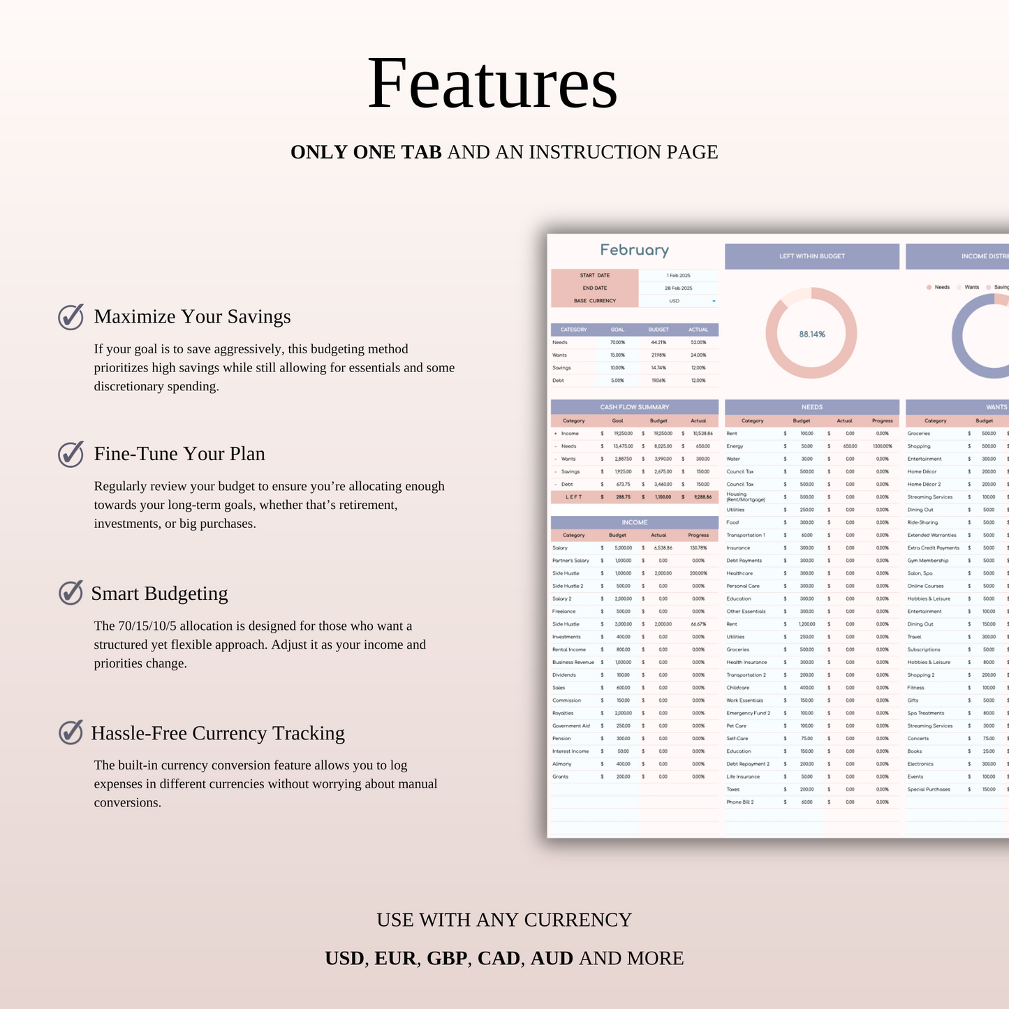 70/15/10/5 Budget Spreadsheet Template | Excel & Google Sheets Keyzai