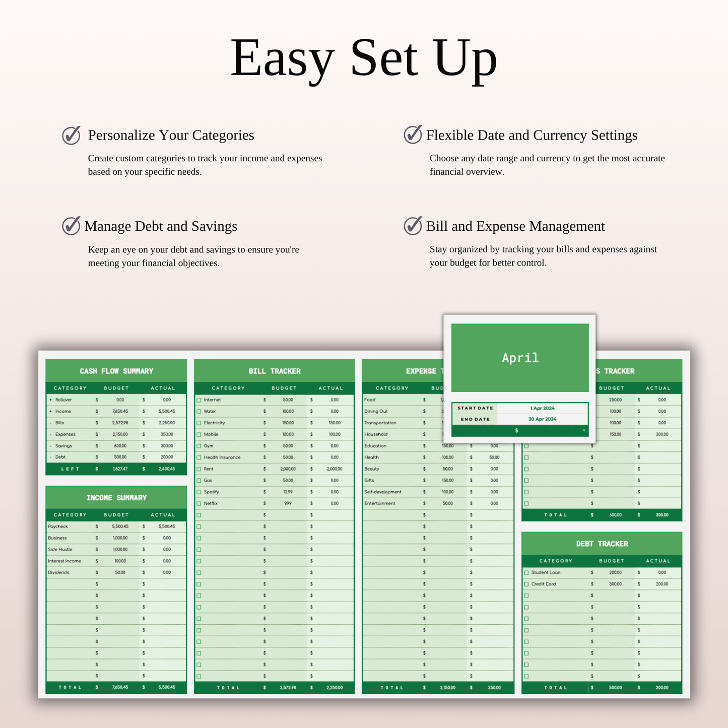 Simple Budget Planner, Personal Finance Tracker (Green Theme) Keyzai