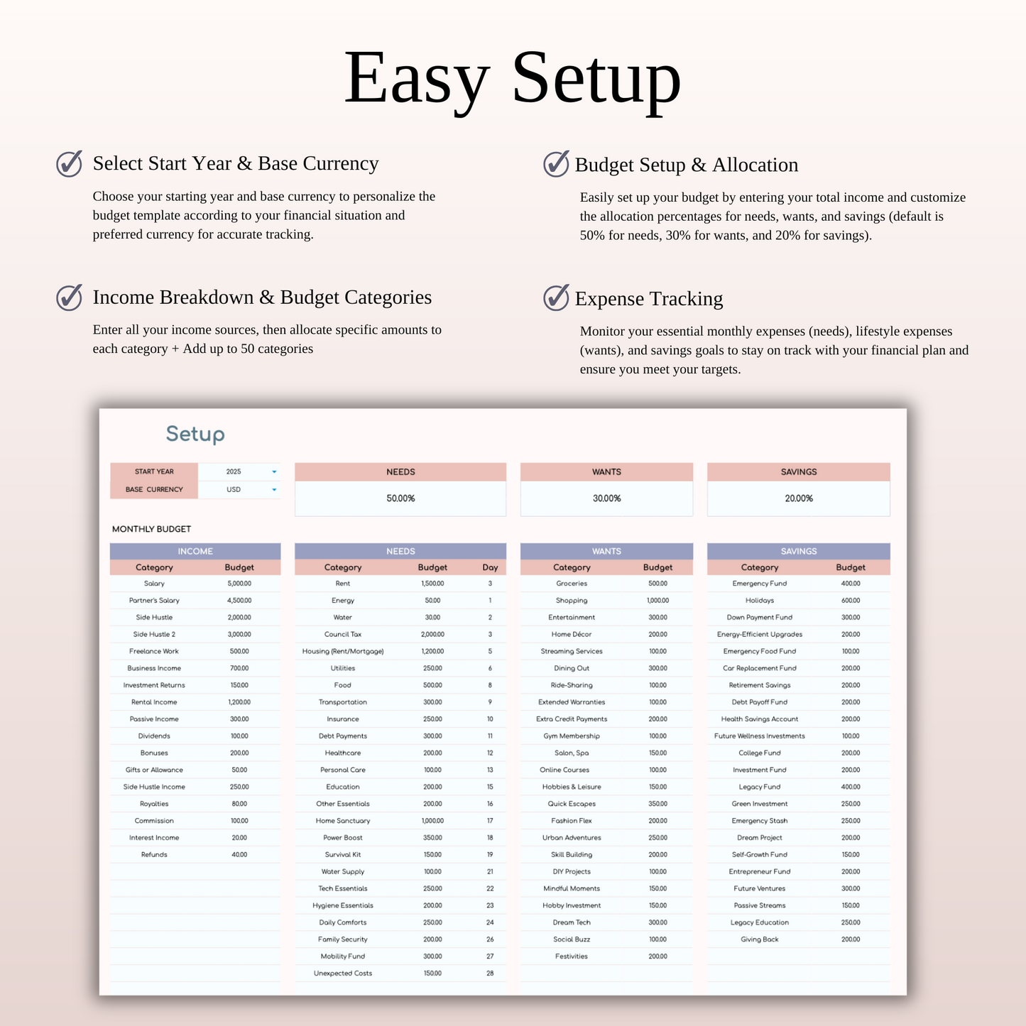 Annual 50/30/20 Budget Spreadsheet Template for Excel & Google Sheets Keyzai