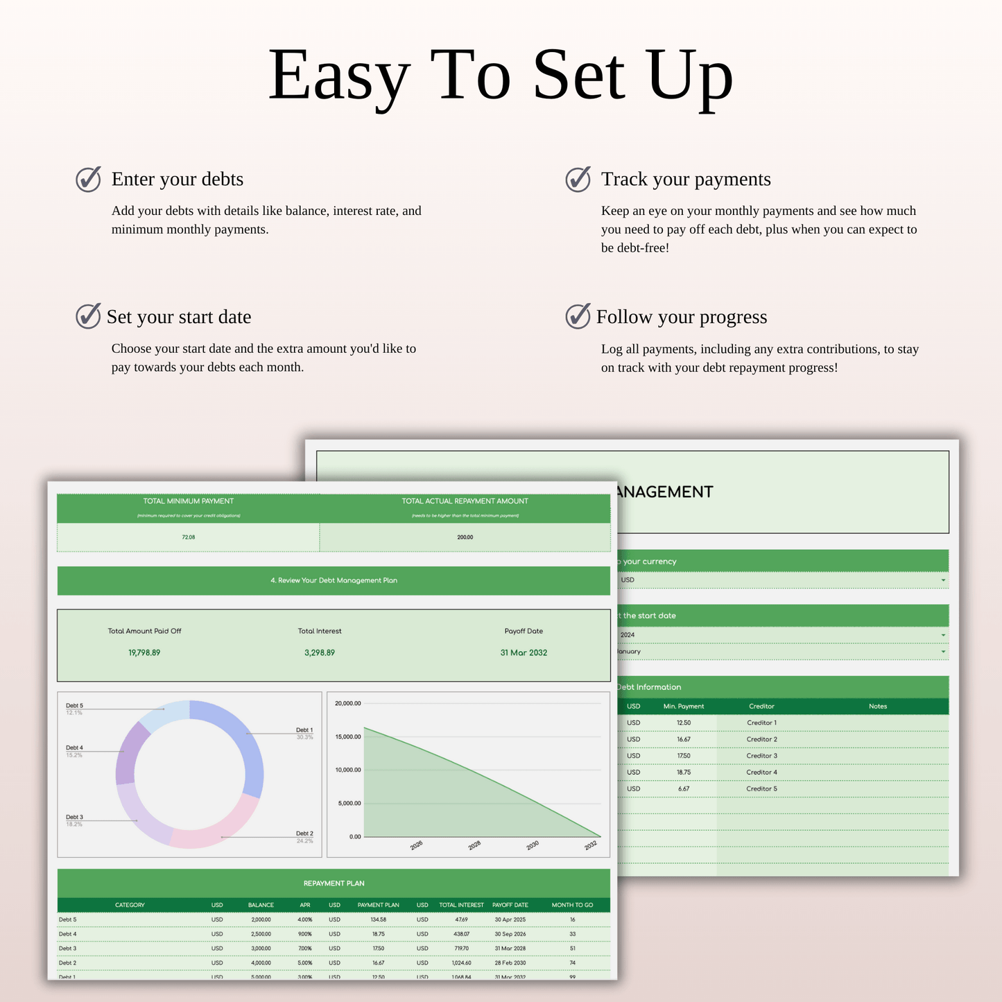 Debt Snowball Calculator Template for Excel & Google Sheets (Green Theme) Keyzai