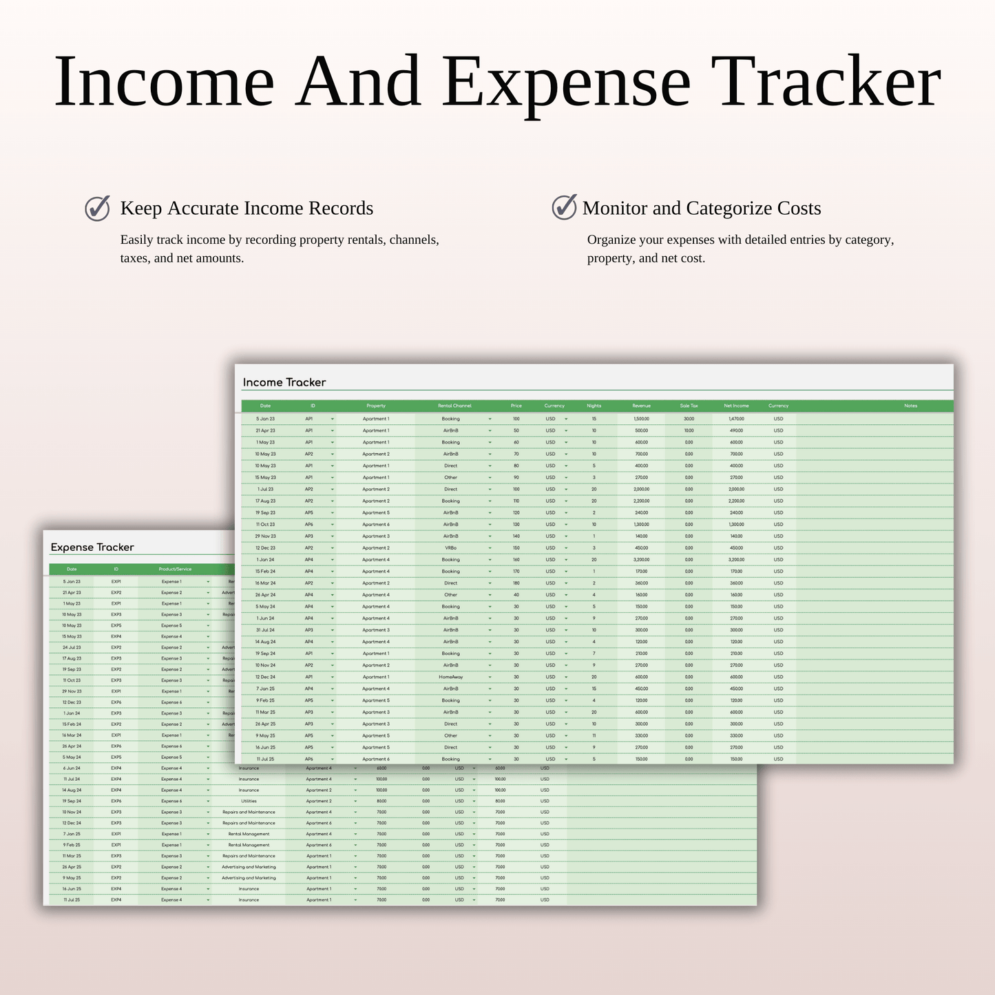 Airbnb Bookkeeping Spreadsheet Template (Green Theme) Keyzai