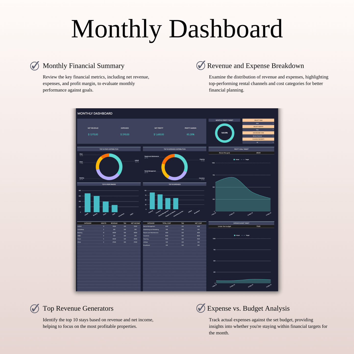 Ultimate Tool for Host Airbnb | Income & Expense Tracker Template (Dark Theme) Keyzai