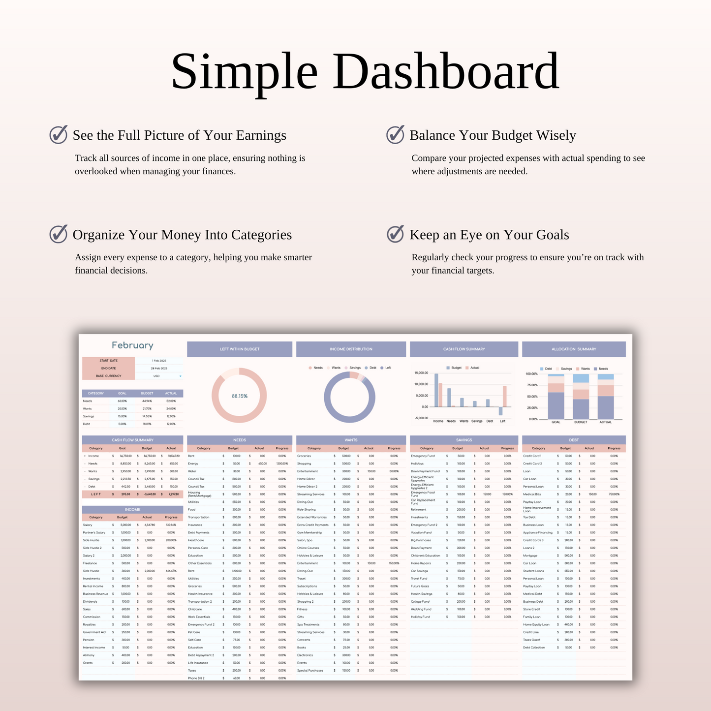 60/20/15/5 Budget Spreadsheet Template | Excel & Google Sheets Keyzai