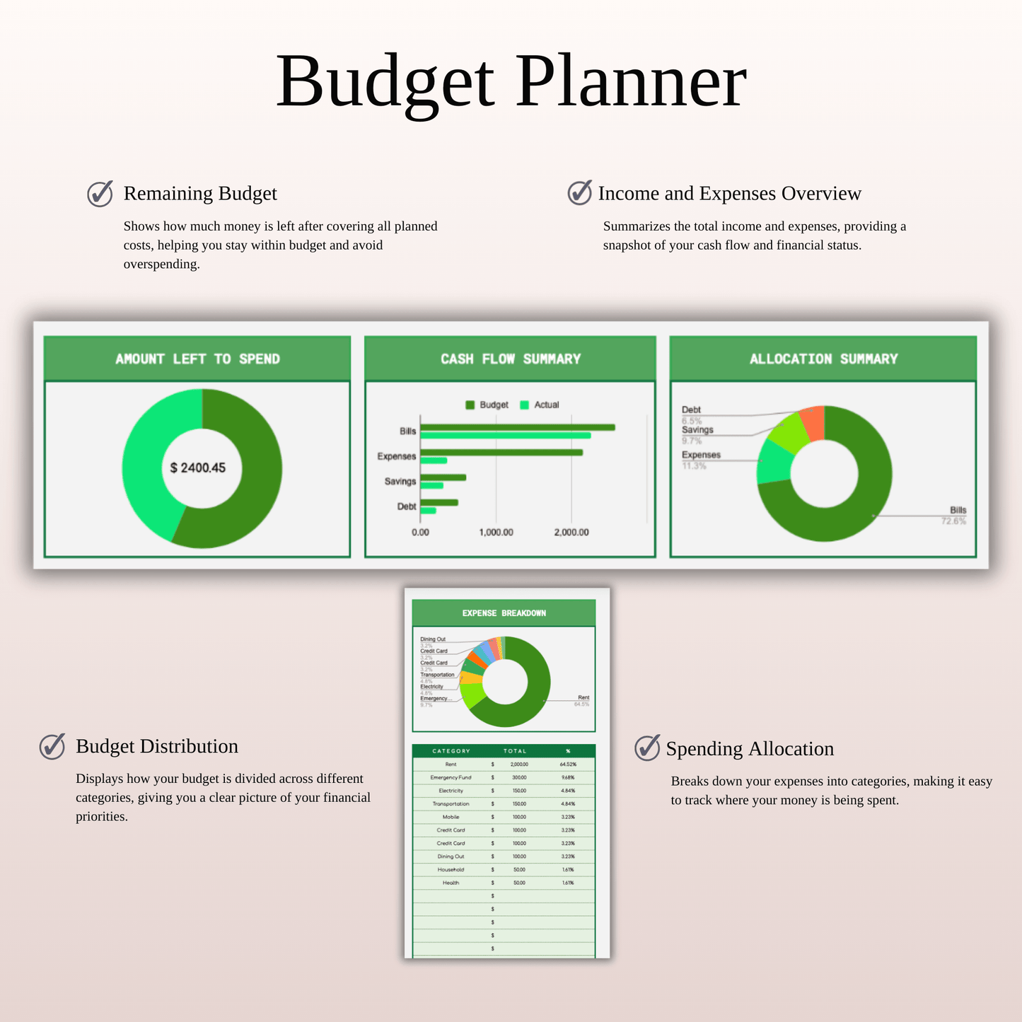 Simple Budget Planner, Personal Finance Tracker (Green Theme) Keyzai