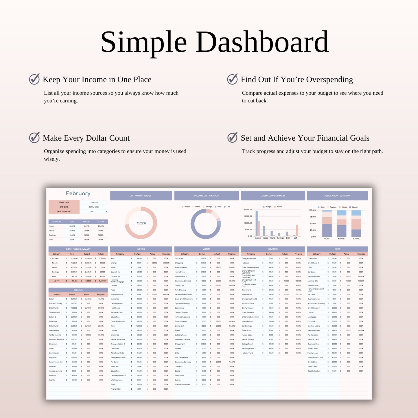 50/25/20/5 Budget Spreadsheet Template | Excel & Google Sheets Keyzai