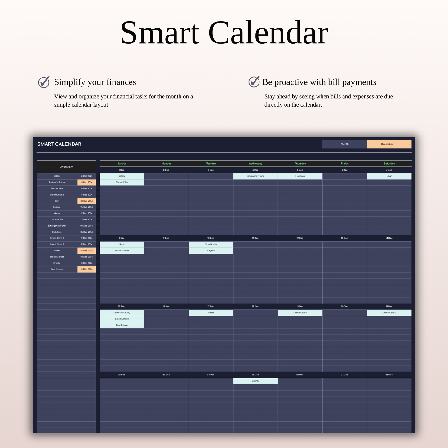 Bill Payment Calendar Template Excel & Google Sheets (Dark Theme) Keyzai