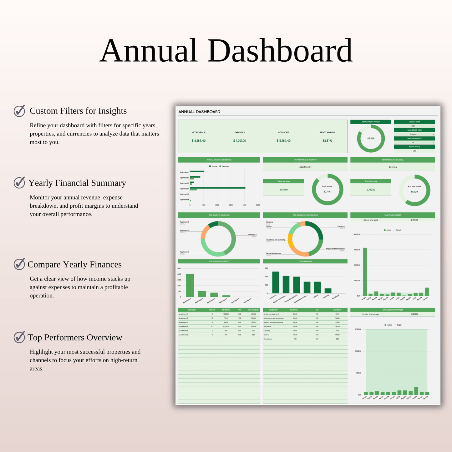 Rental Property Bookkeeping Tracker | Excel & Google Sheets Template (Green Theme) Keyzai