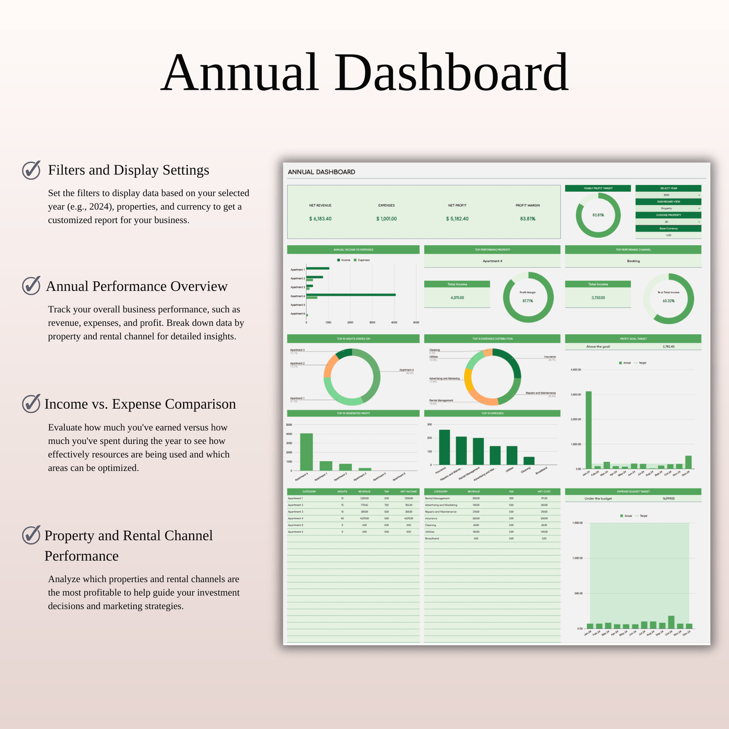 Airbnb Bookkeeping Spreadsheet Template (Green Theme) Keyzai