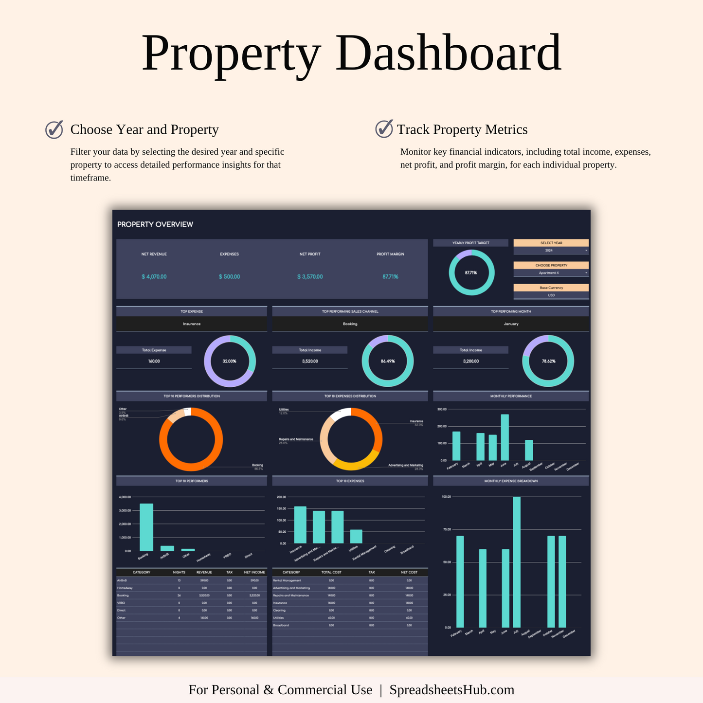 PLR - Rental Property Accounting & Bookkeeping Spreadsheet (Dark Theme) Keyzai