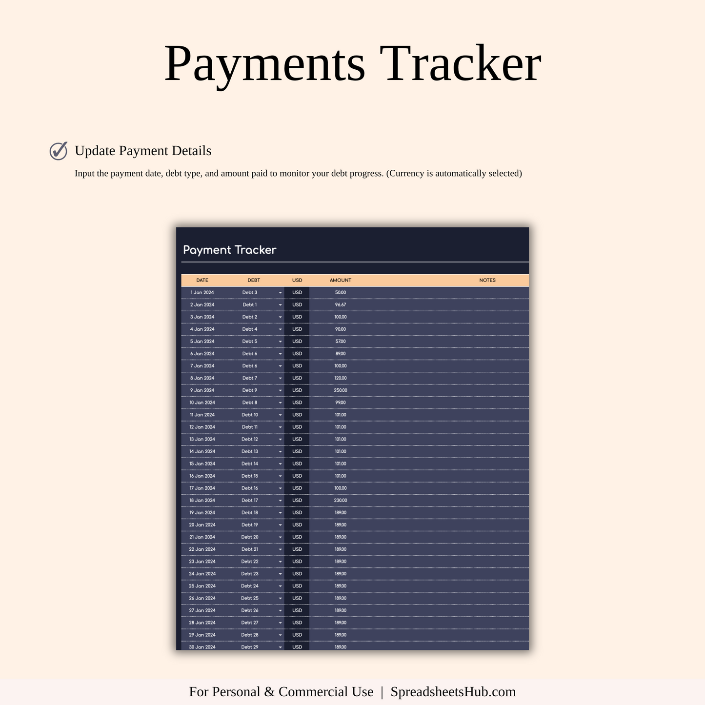 PLR - Debt Payoff Tracker | Excel & Google Sheets (Dark Theme) Keyzai
