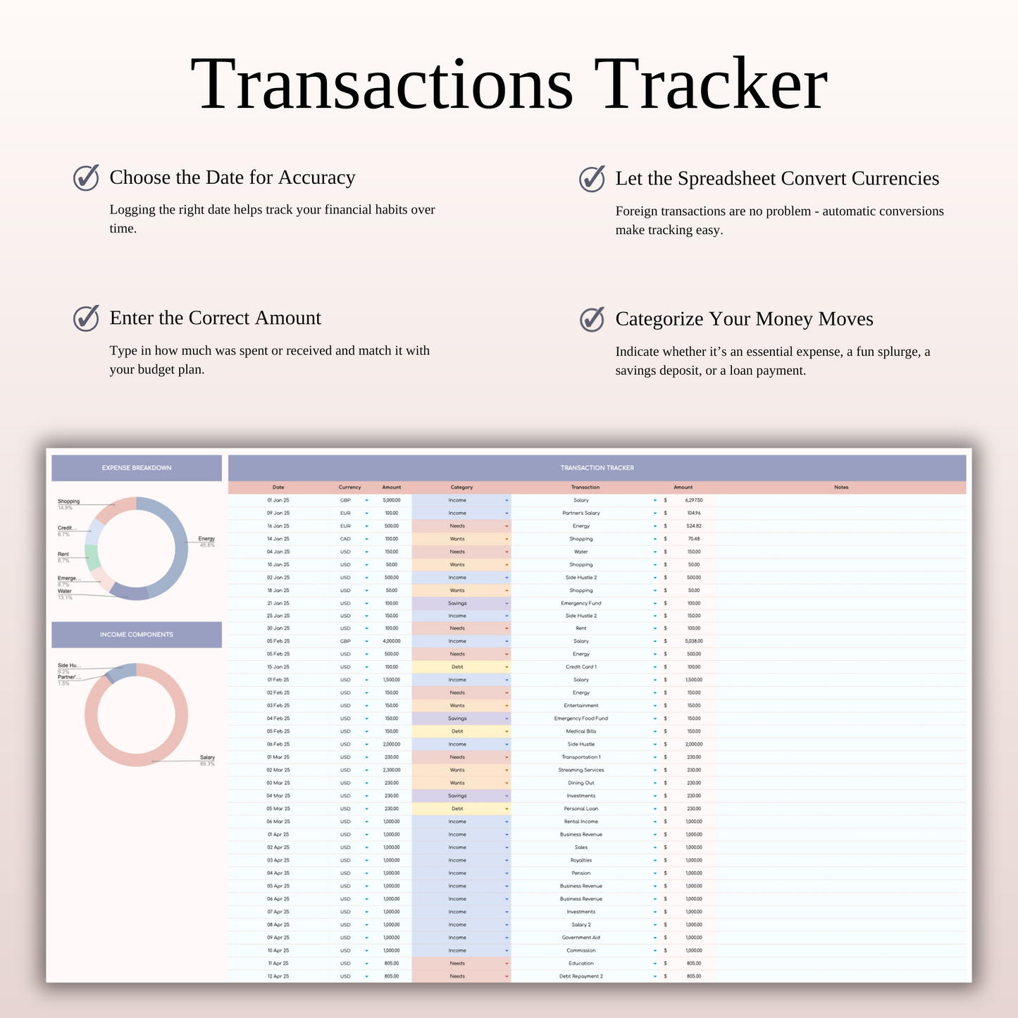 65/20/10/5 Budget Spreadsheet Template | Excel & Google Sheets Keyzai