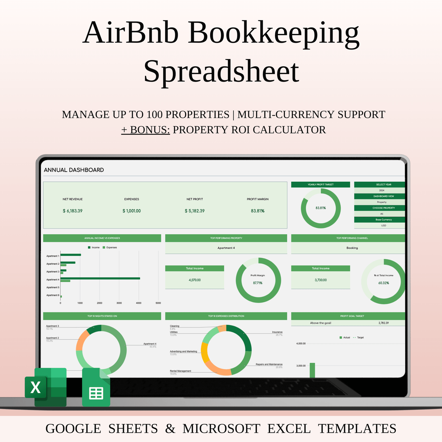 Airbnb Bookkeeping Spreadsheet Template (Green Theme) Keyzai