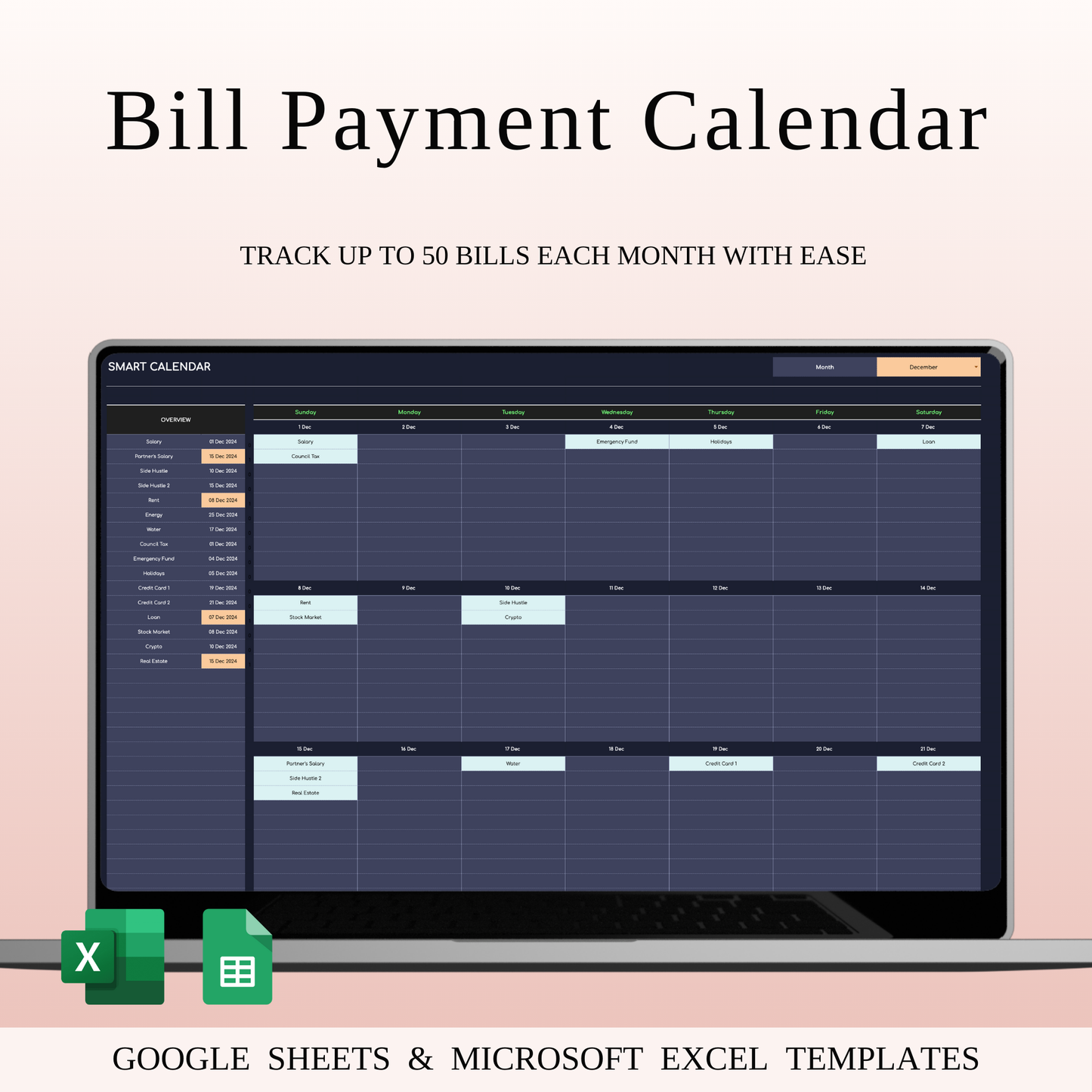 Bill Payment Calendar Template Excel & Google Sheets (Dark Theme) Keyzai
