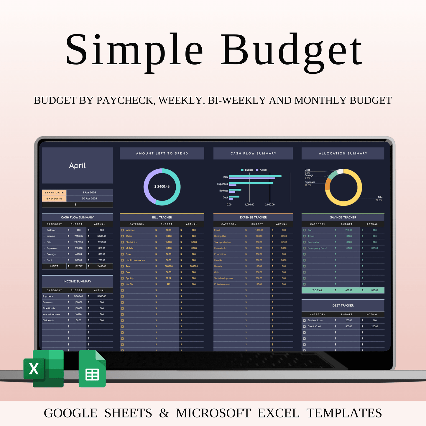 Budget Planner | Monthly Finance Tracker, Excel & Google Sheets (Dark Theme) Keyzai