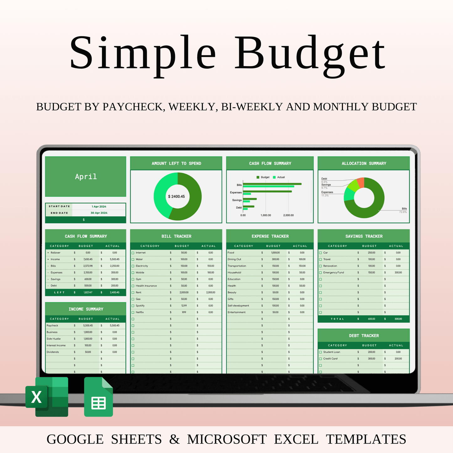 Simple Budget Planner, Personal Finance Tracker (Green Theme) Keyzai
