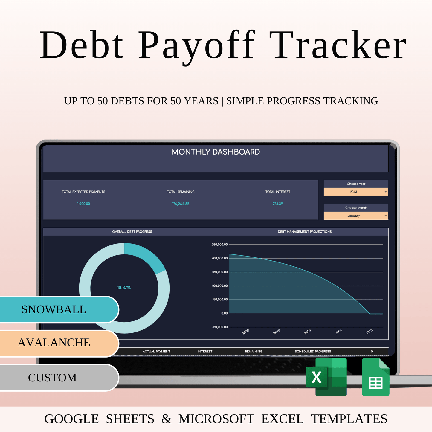 Debt Payoff Tracker | Excel & Google Sheets (Dark Theme) Keyzai
