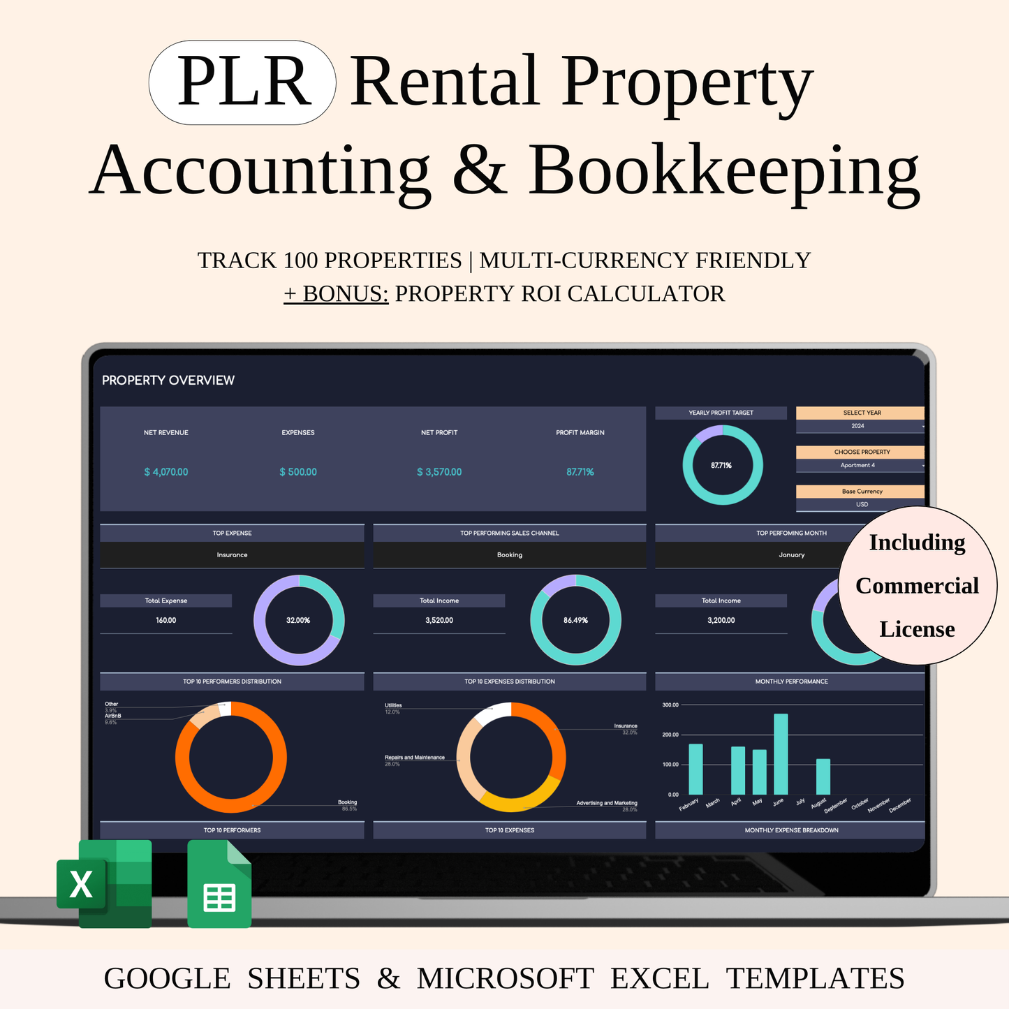 PLR - Rental Property Accounting & Bookkeeping Spreadsheet (Dark Theme) Keyzai