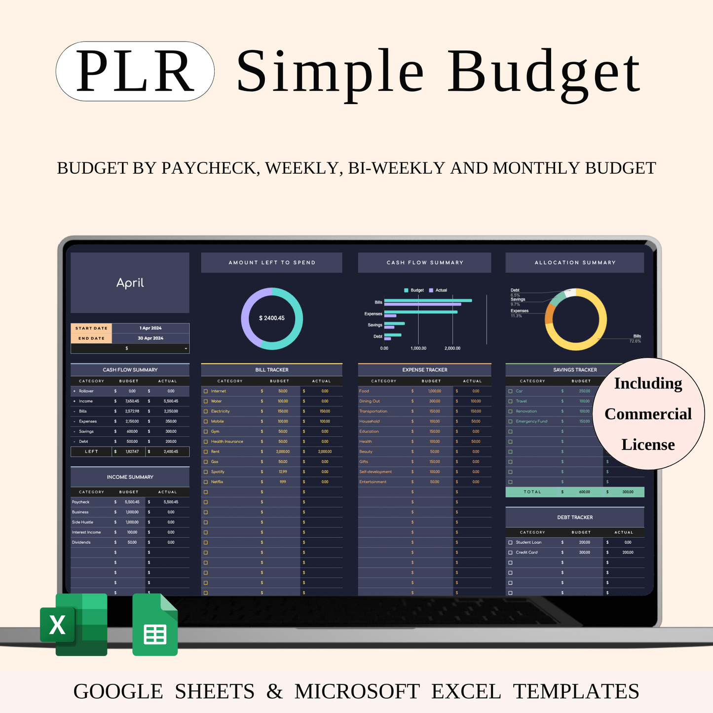 PLR - Budget Planner | Monthly Finance Tracker (Dark Theme) Keyzai