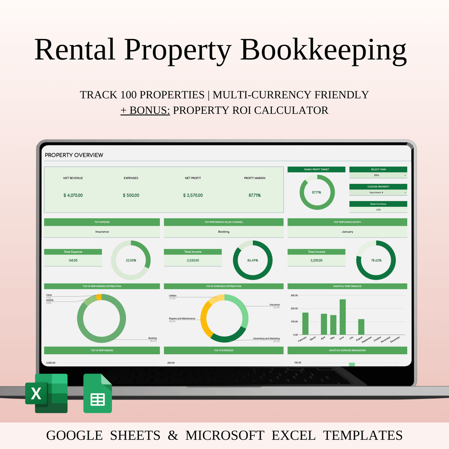 Rental Property Bookkeeping Tracker | Excel & Google Sheets Template (Green Theme) Keyzai