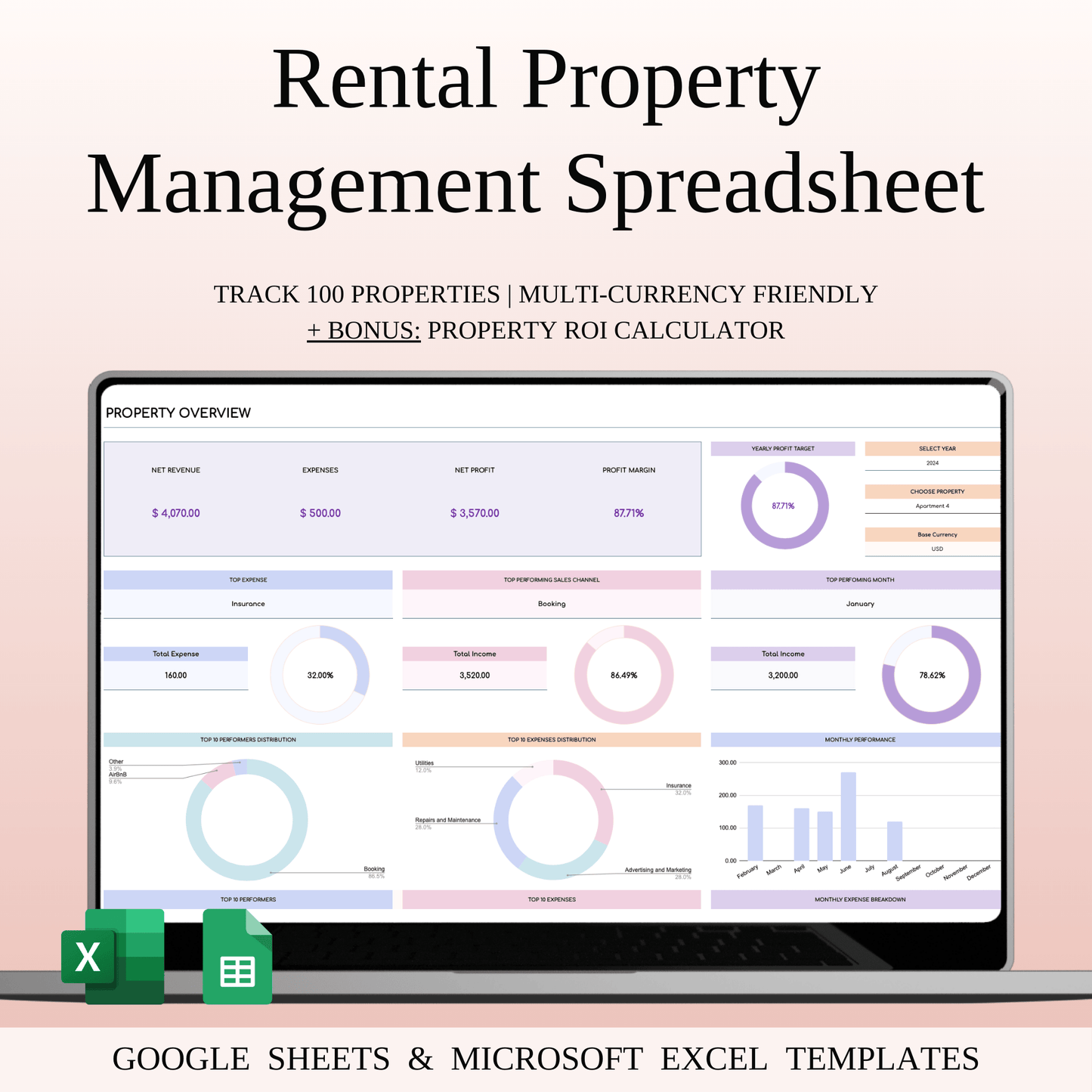 Rental Property Management Spreadsheet (Rainbow Theme) Keyzai
