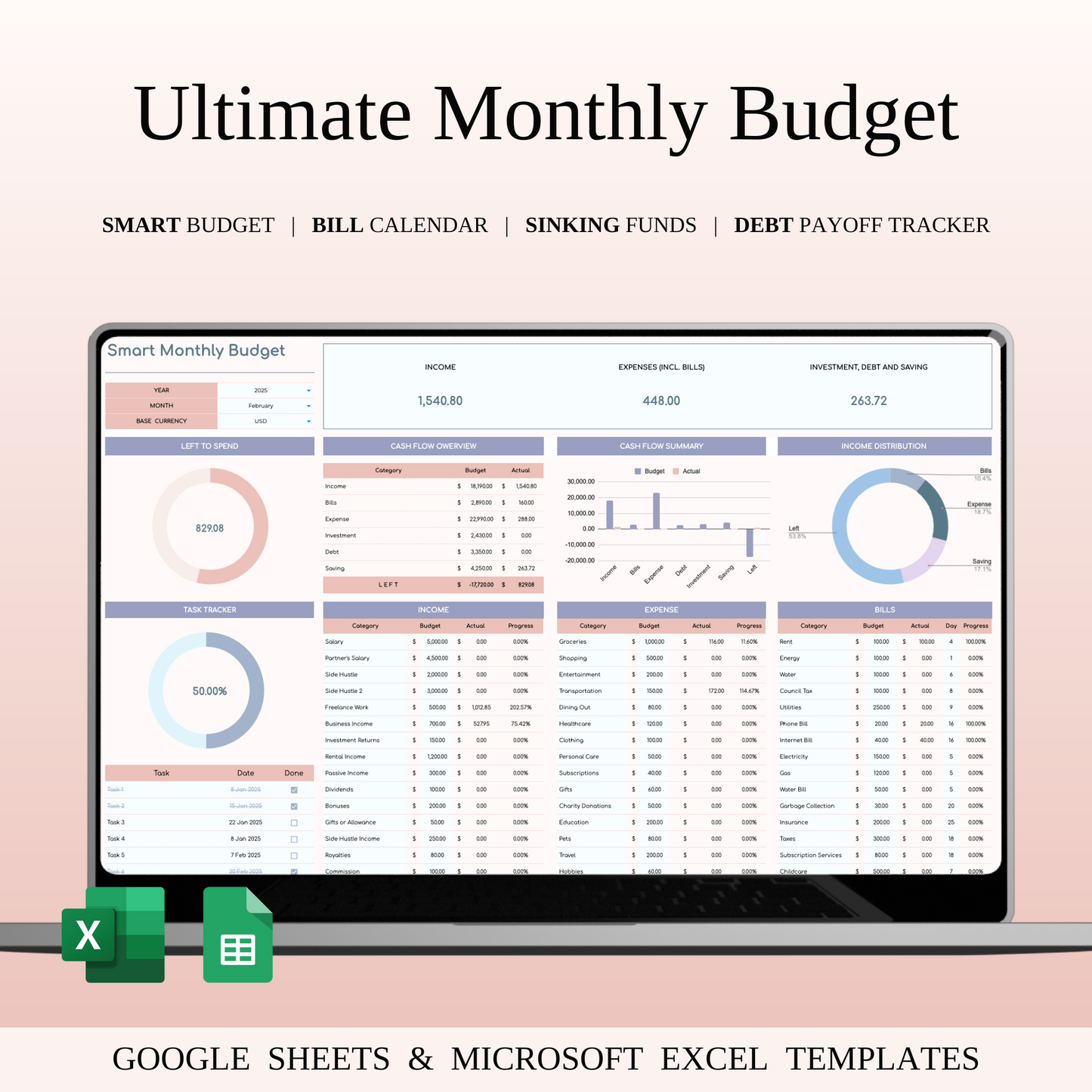 Ultimate Monthly Budget Spreadsheet Template Excel & Google Sheets Keyzai