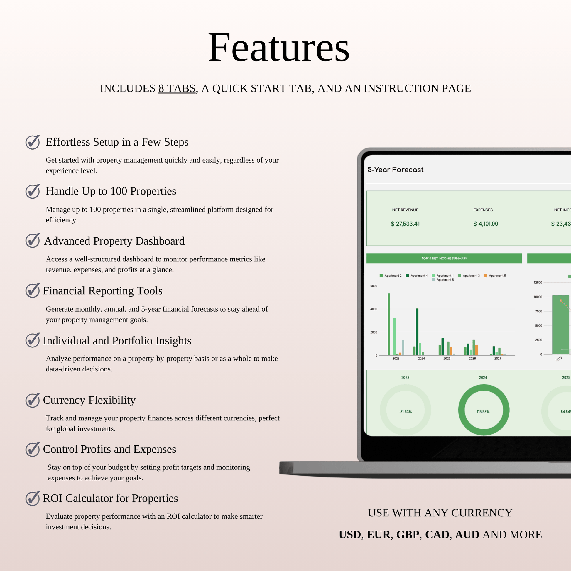 Rental Property Bookkeeping Tracker | Excel & Google Sheets Template (Green Theme) Keyzai