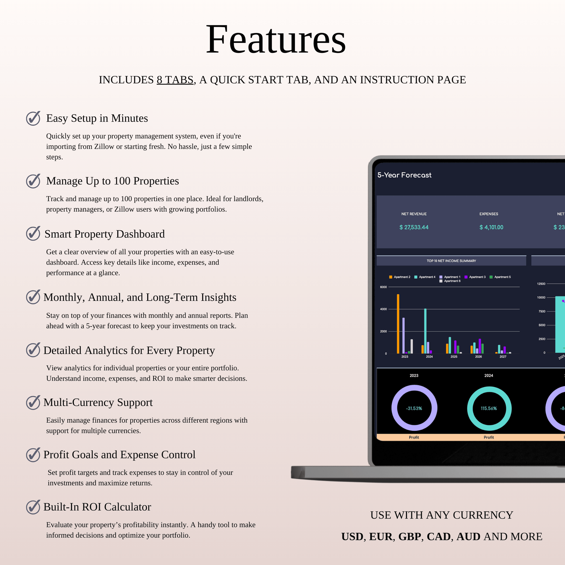 Zillow Bookkeeping Tracker | Excel & Google Sheets Template (Dark Theme) Keyzai