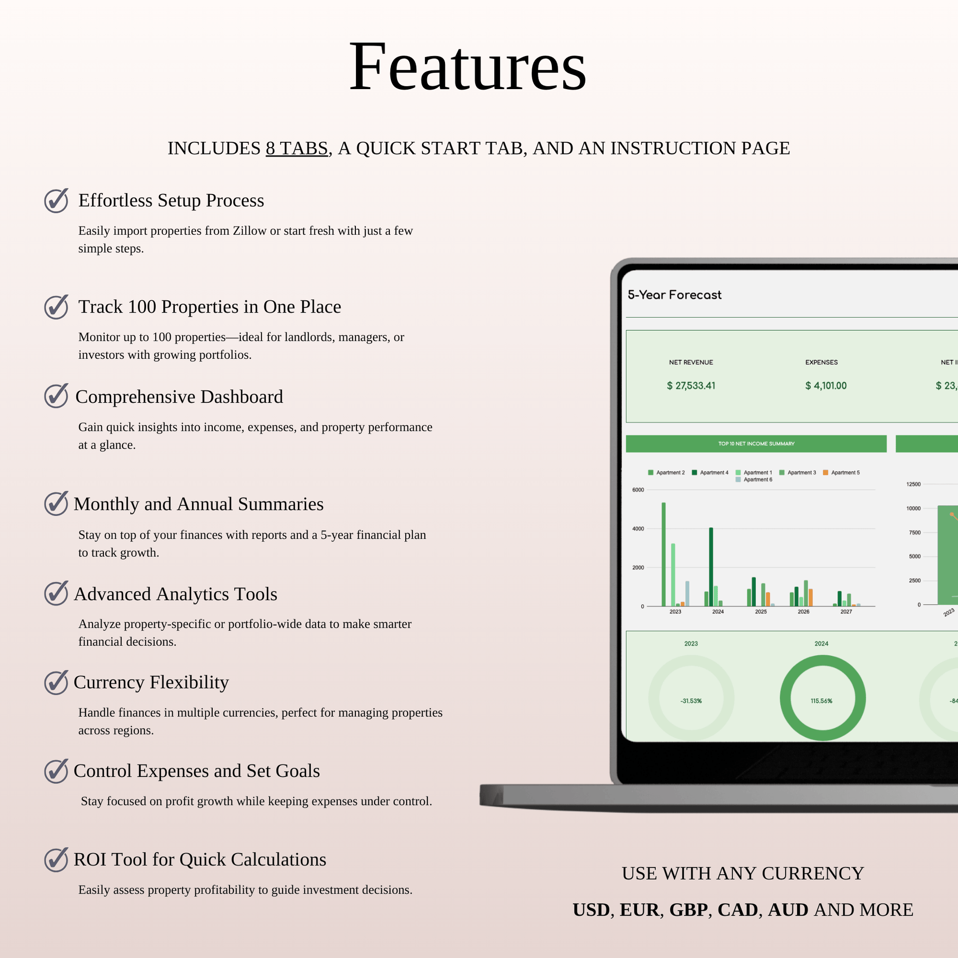 Zillow Property Management | Income & Expense Tracker (Green Theme) Keyzai