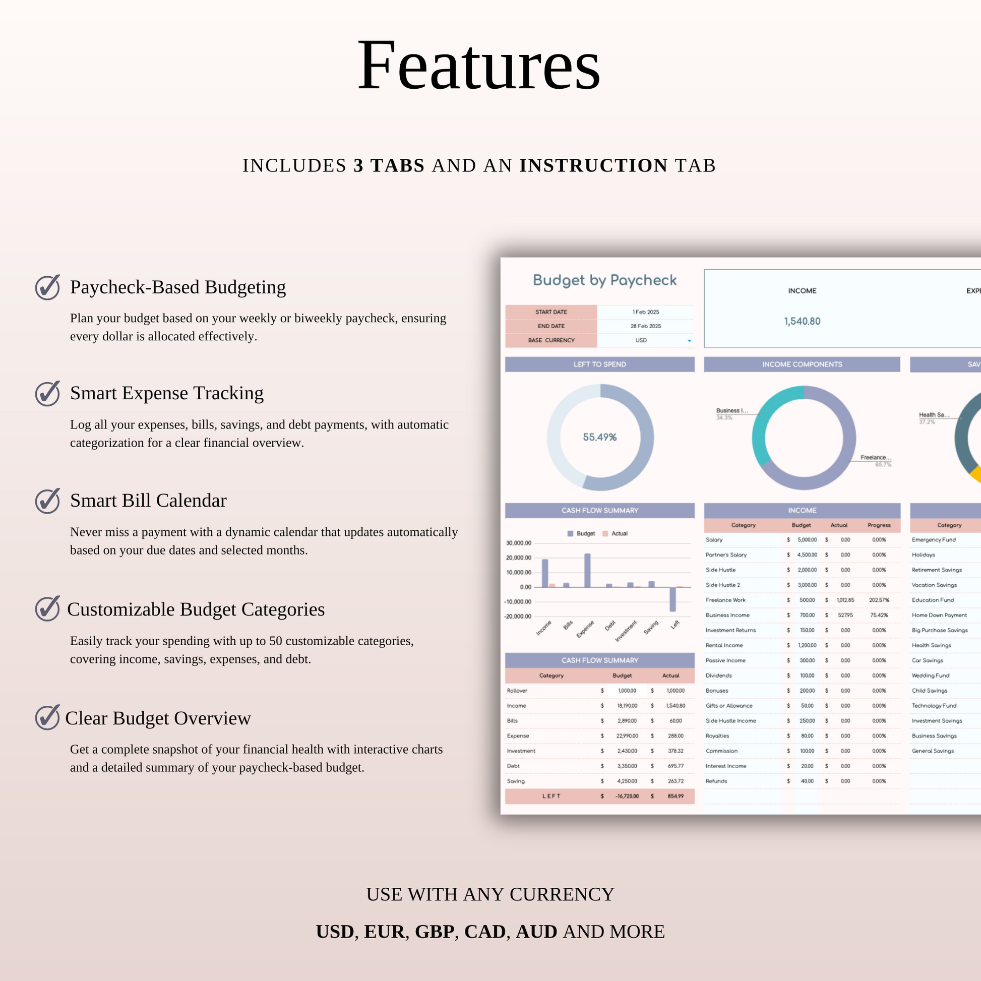 Budget by Paycheck Spreadsheet Template for Excel and Google Sheets Keyzai