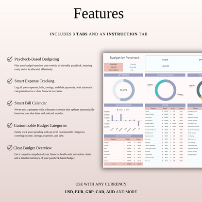 Budget by Paycheck Spreadsheet Template for Excel and Google Sheets Keyzai