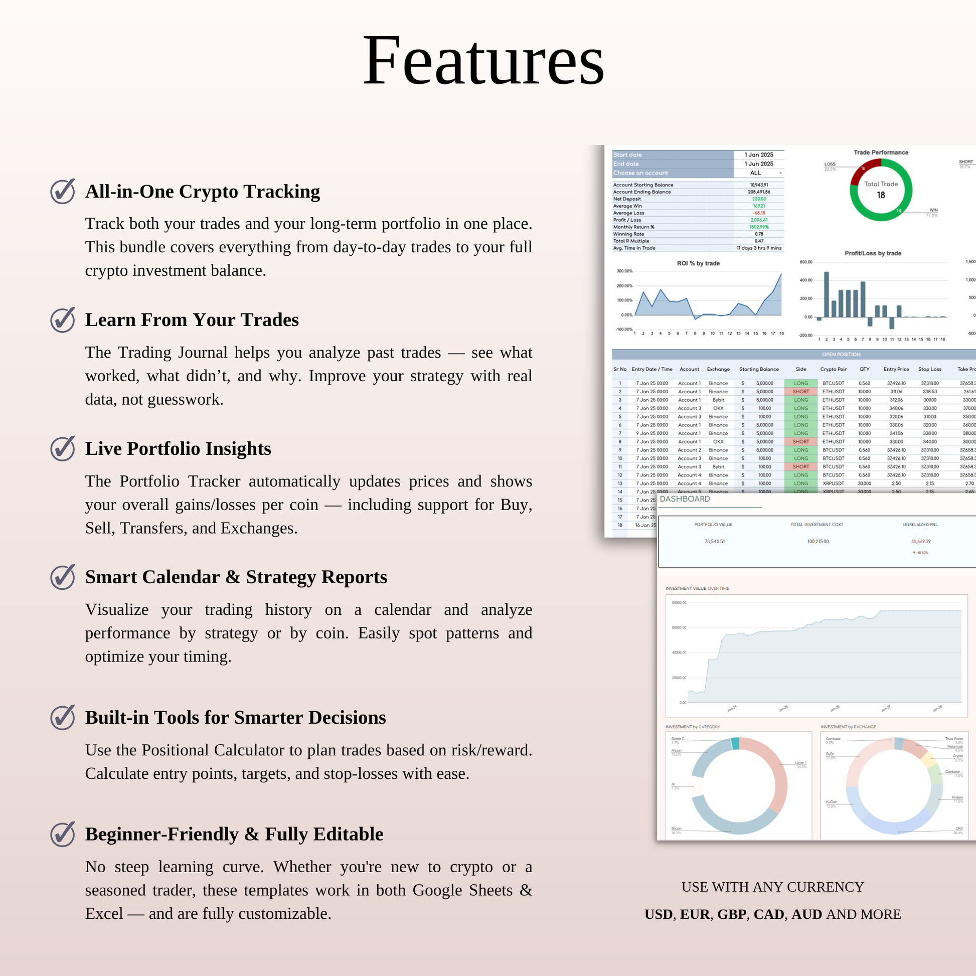 Crypto Trading Journal & Portfolio Tracker for Google Sheets & Excel Keyzai