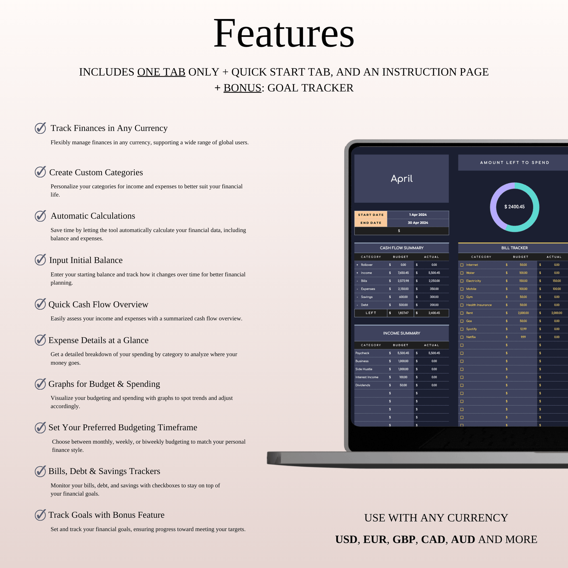 Budget Planner | Monthly Finance Tracker, Excel & Google Sheets (Dark Theme) Keyzai