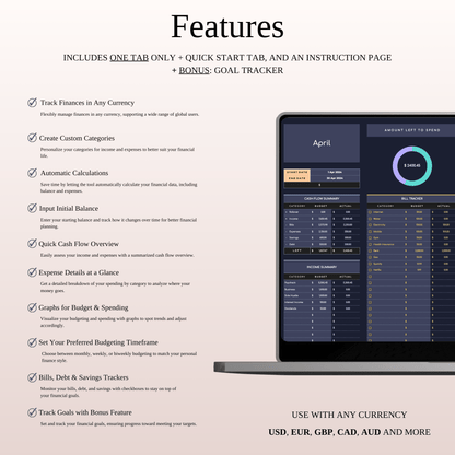 Budget Planner | Monthly Finance Tracker, Excel & Google Sheets (Dark Theme) Keyzai