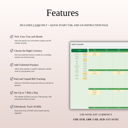 Monthly Bill Calendar Spreadsheet Template (Green Theme) Keyzai