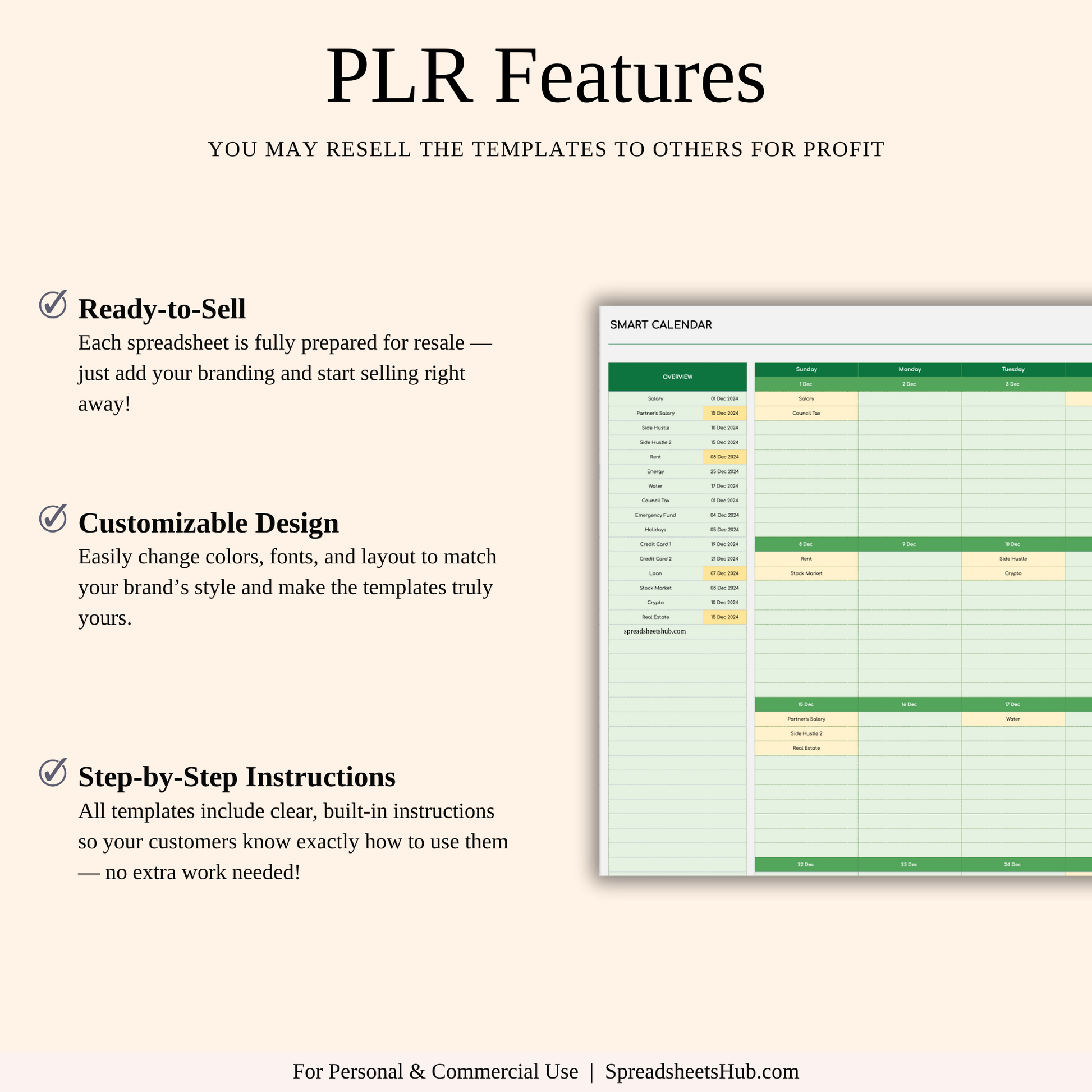PLR - Monthly Bill Calendar Spreadsheet Template (Green Theme) Keyzai