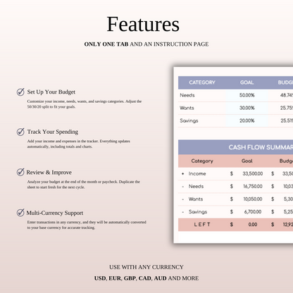 50/30/20 Budget Spreadsheet Template | Excel & Google Sheets Keyzai